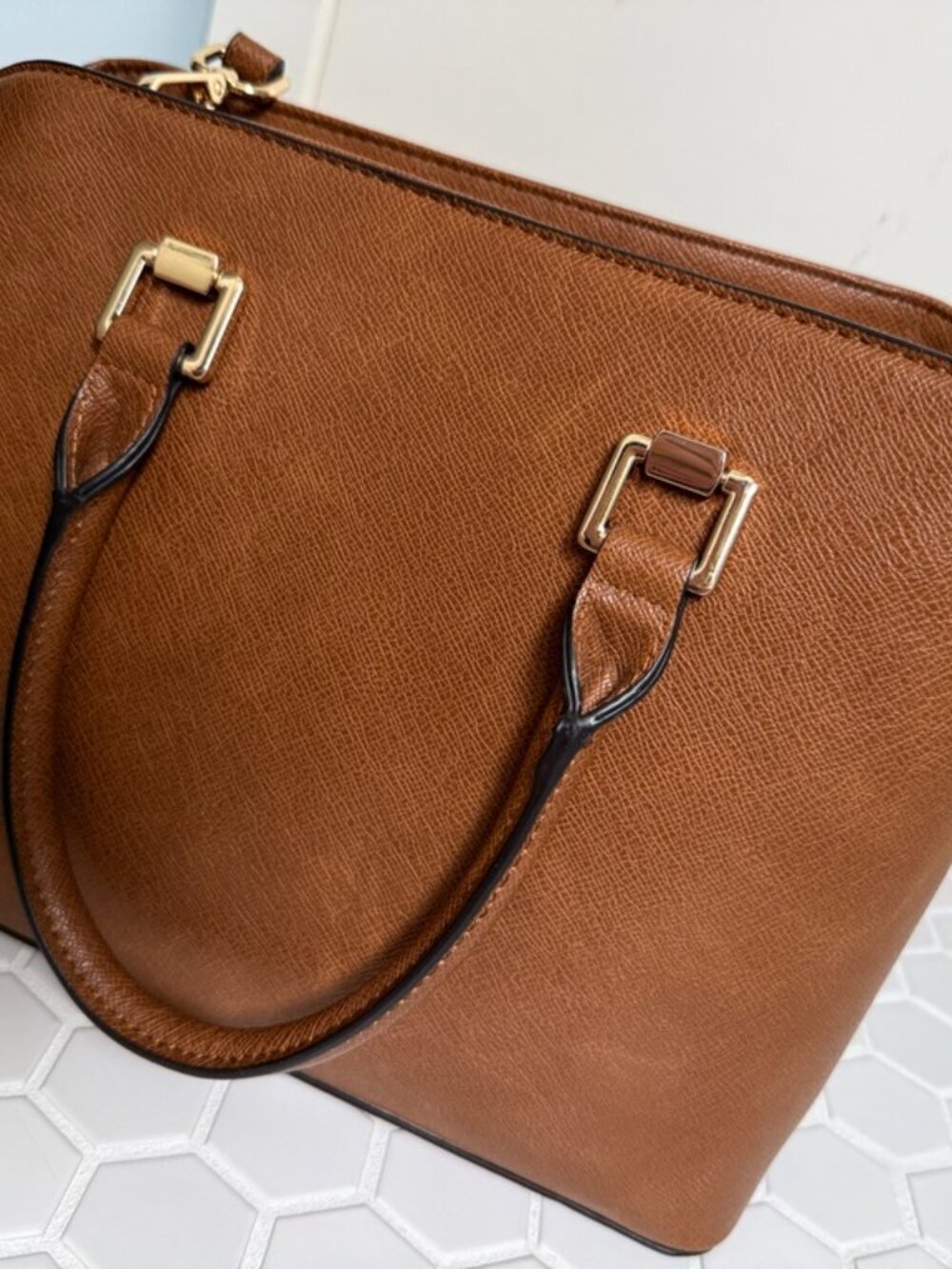 ALDO Cognac Brown Structured Satchel Tote Crossbody Bag Gold Hardware Work Bag - Picture 6 of 8